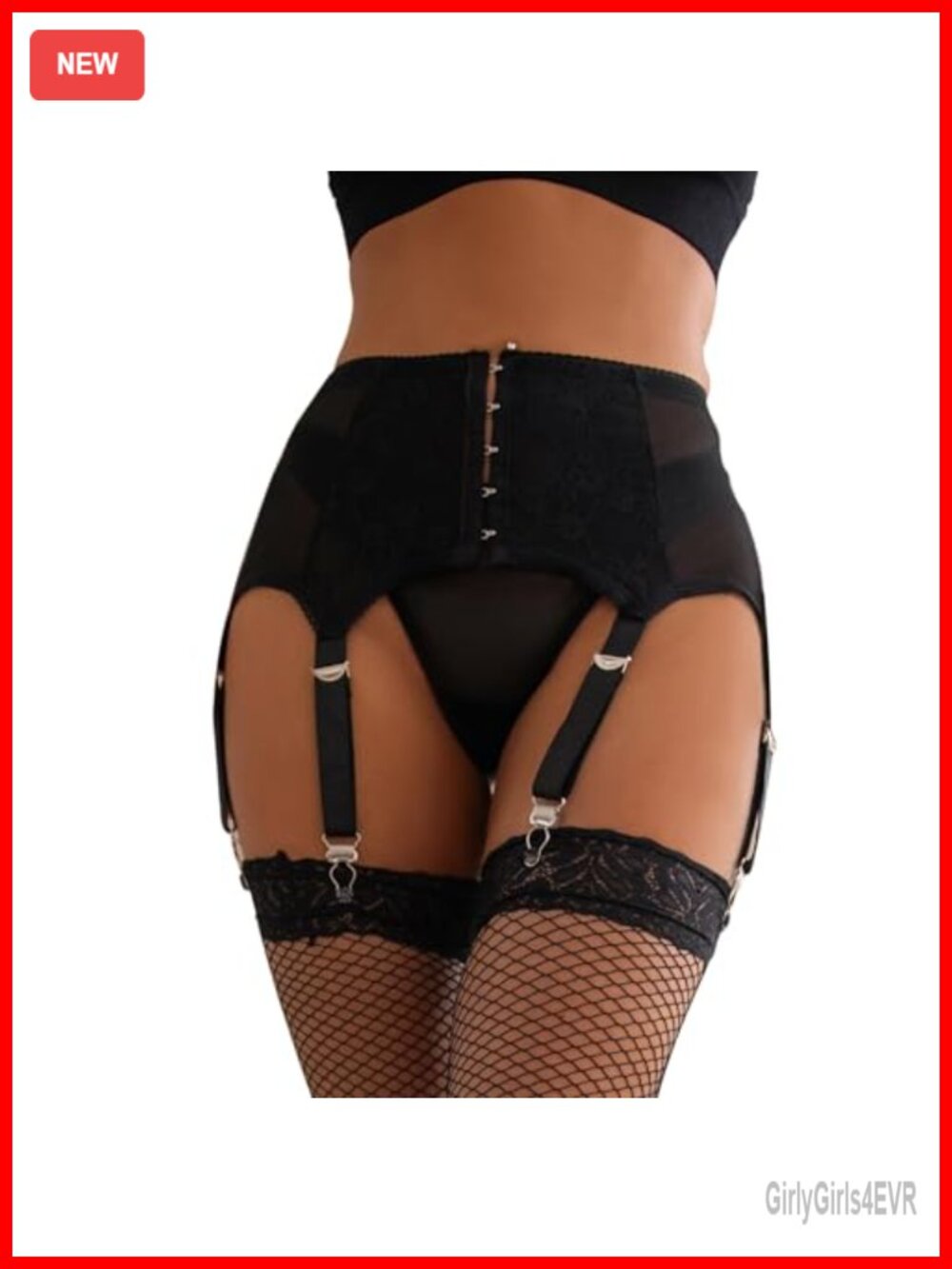 Plus Size High Waist Lace Mesh Garter Belt Set with 6 Wide Straps